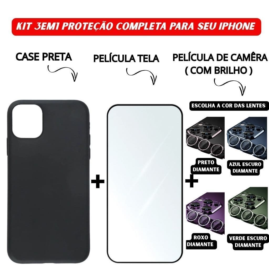 Kit 3em1 Case Preta + Vidro 3D + Câmera Diamante iPhone 11 12 13 14 15 16 Pro Max _BoutAcs