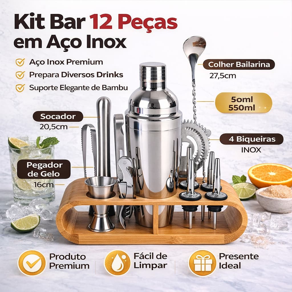 Kit Bar 12 Peças Aço Inox Coqueteleira 550ml Socador Suporte Bambu Drinks Caipirinha Lorben