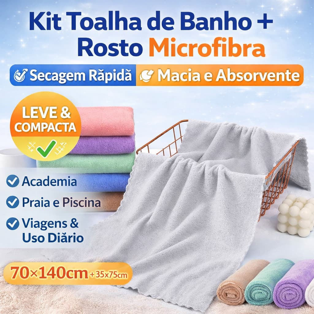 Toalha de Banho Microfibra 70x140cm | Secagem Rápida, Super Absorvente, Macia e Leve para Academia e Praia