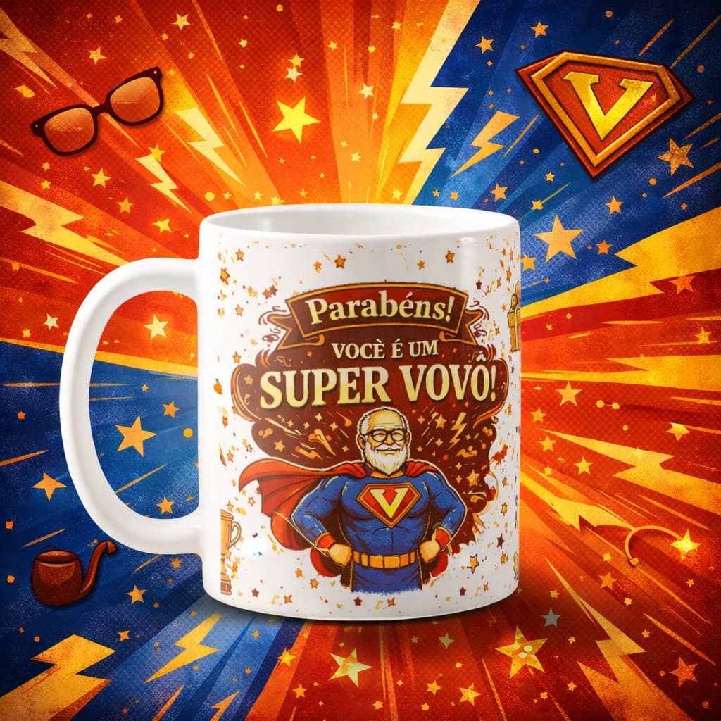 Caneca Super Vovô Presente para Avô Dia dos Pais Melhor Vovô do Mundo Porcelana café chá 325ml