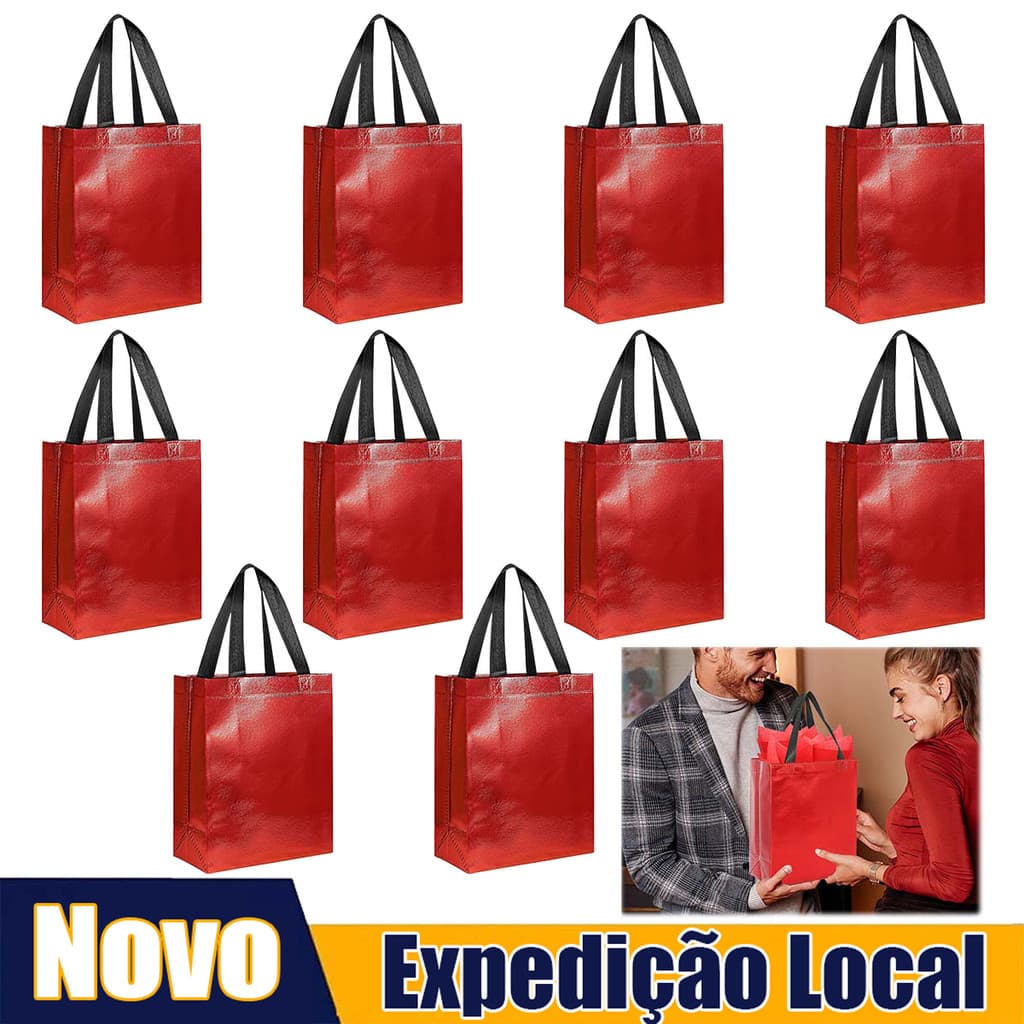 10 peças de 25*20*10 cm vermelho Tecido não tecido impermeável e resistente ao desgaste saco de presente com alça preta
