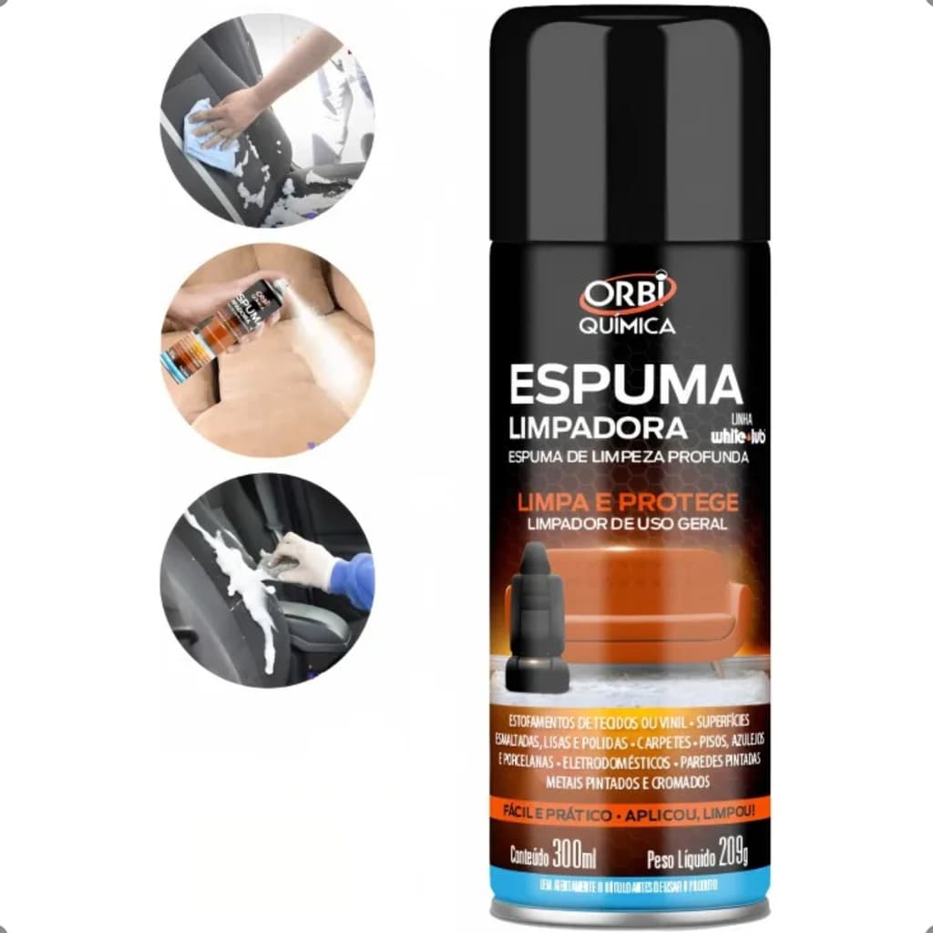 Espuma Limpadora Multiuso Orbi 300ml Limpeza a Seco Sofá Banco Teto Carro Tira Manchas
