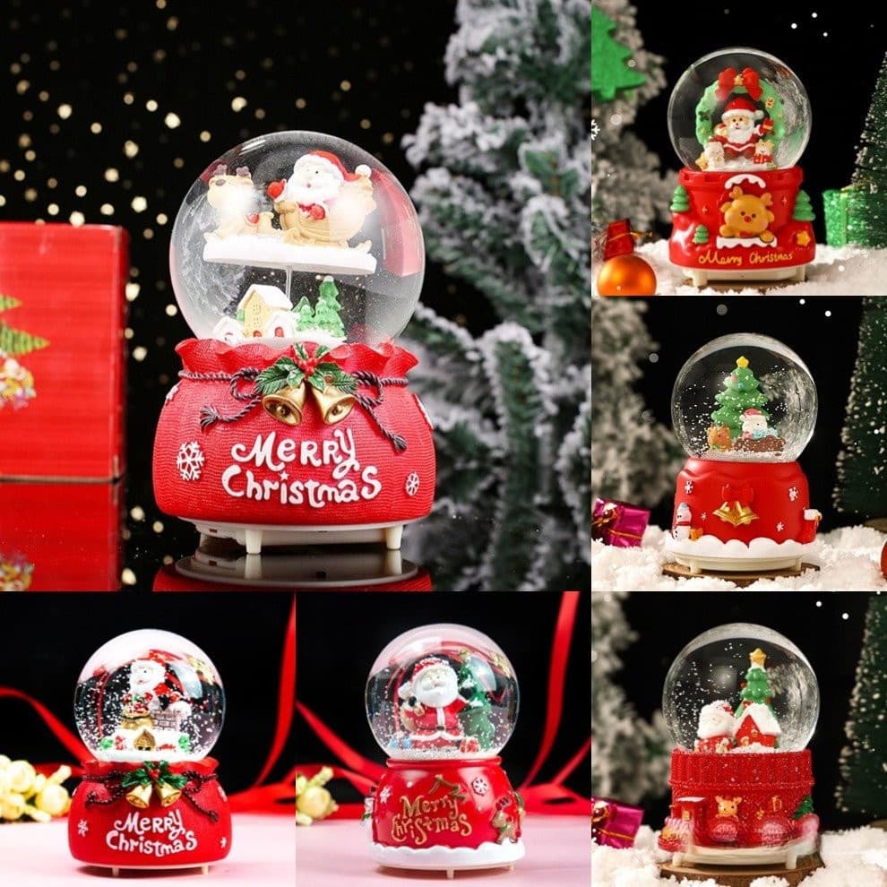 Bola de neve de Natal de 13 cm com 8 músicas e 4 luzes coloridas Caixa de música de Papai Noel Decorações para casa 5Z6D