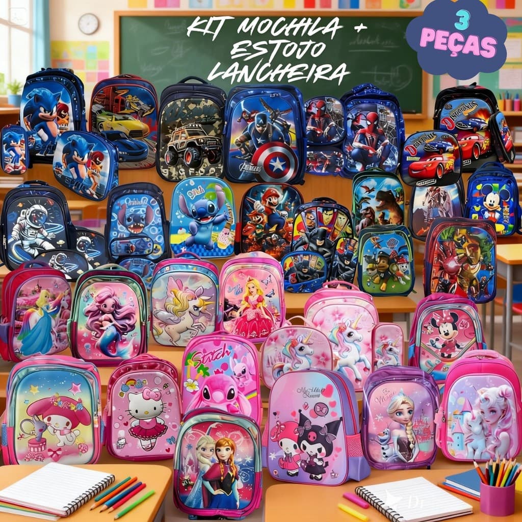 Kit Mochila Lancheira Estojo Escolar Personagens Infantil 3D Menina e Menino Estampas Animado