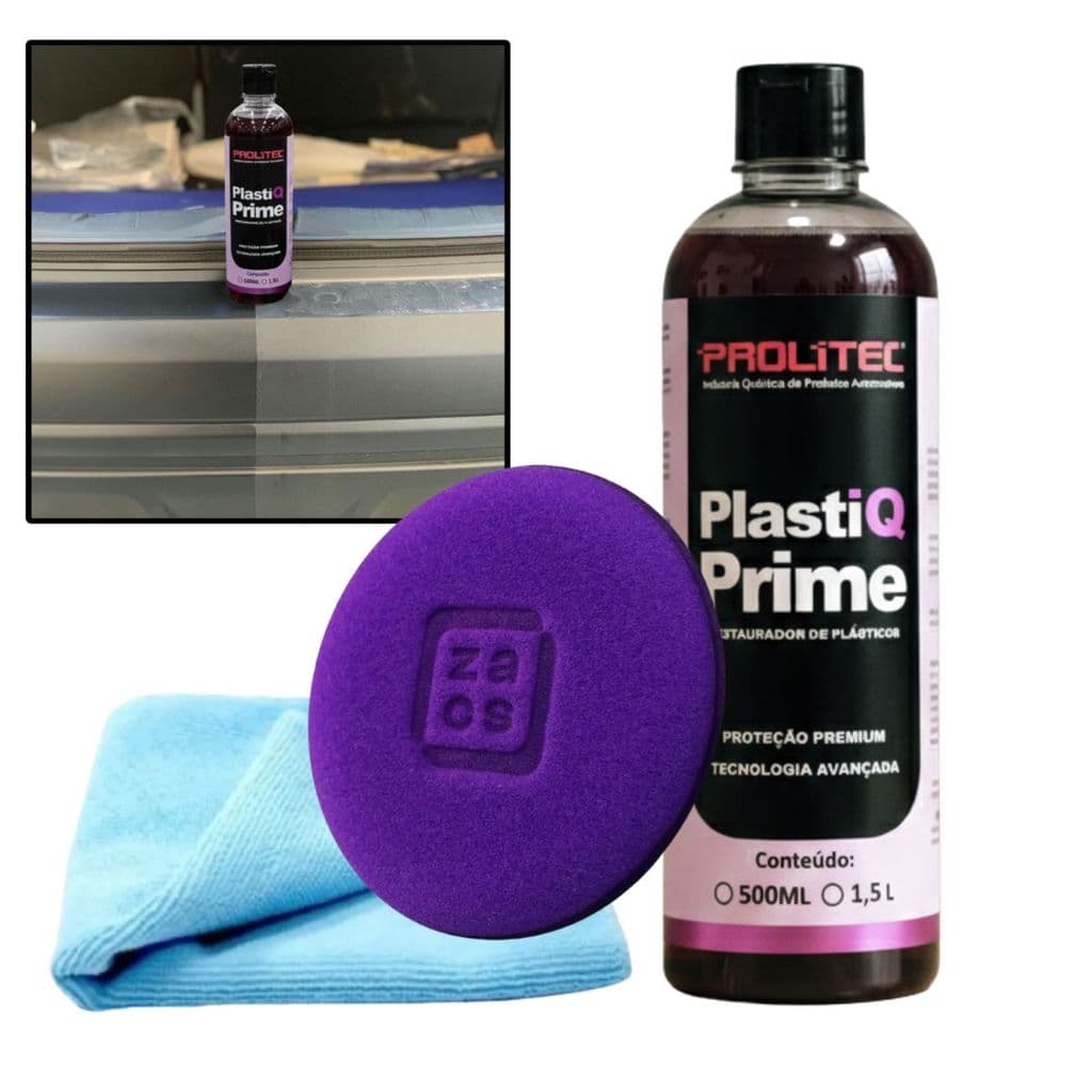 Kit Plastiq Prime Prolitec + Aplicador Zacs + Pano - Restaurador de plástico 500ml