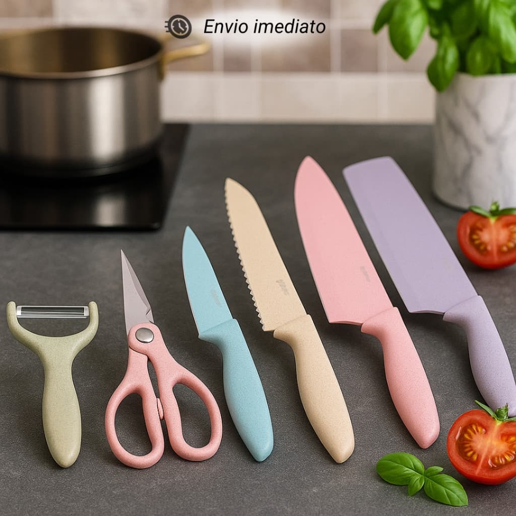 Jogo de Facas Coloridas Tesoura Descascador Cozinha Gourmet 6 Peças Premium Kit