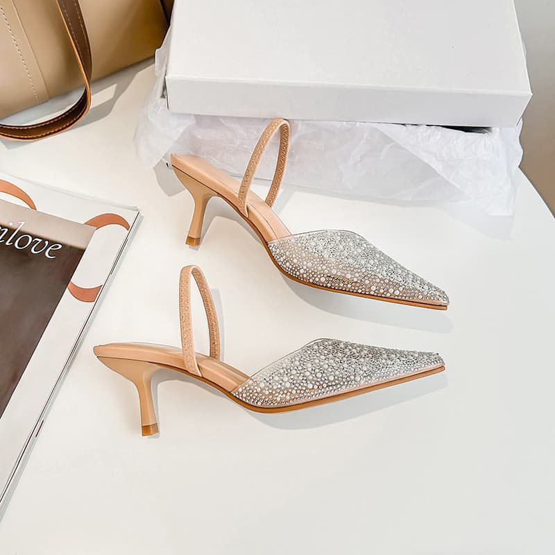 Sapatos de salto alto femininos com cabeça estreita e decoração de pérolas YVD0