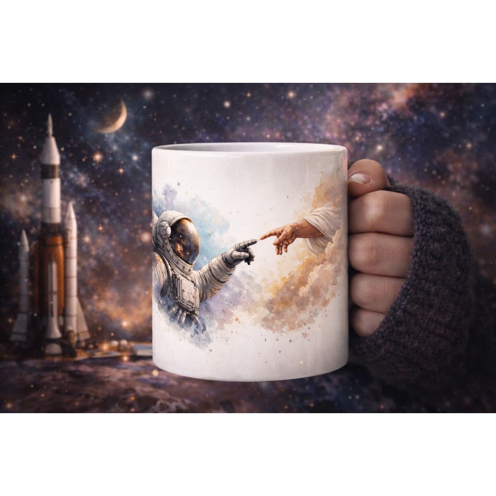 Caneca Astronauta Mão de Deus | Galáxia Espaço Imaginação | Presente Geek