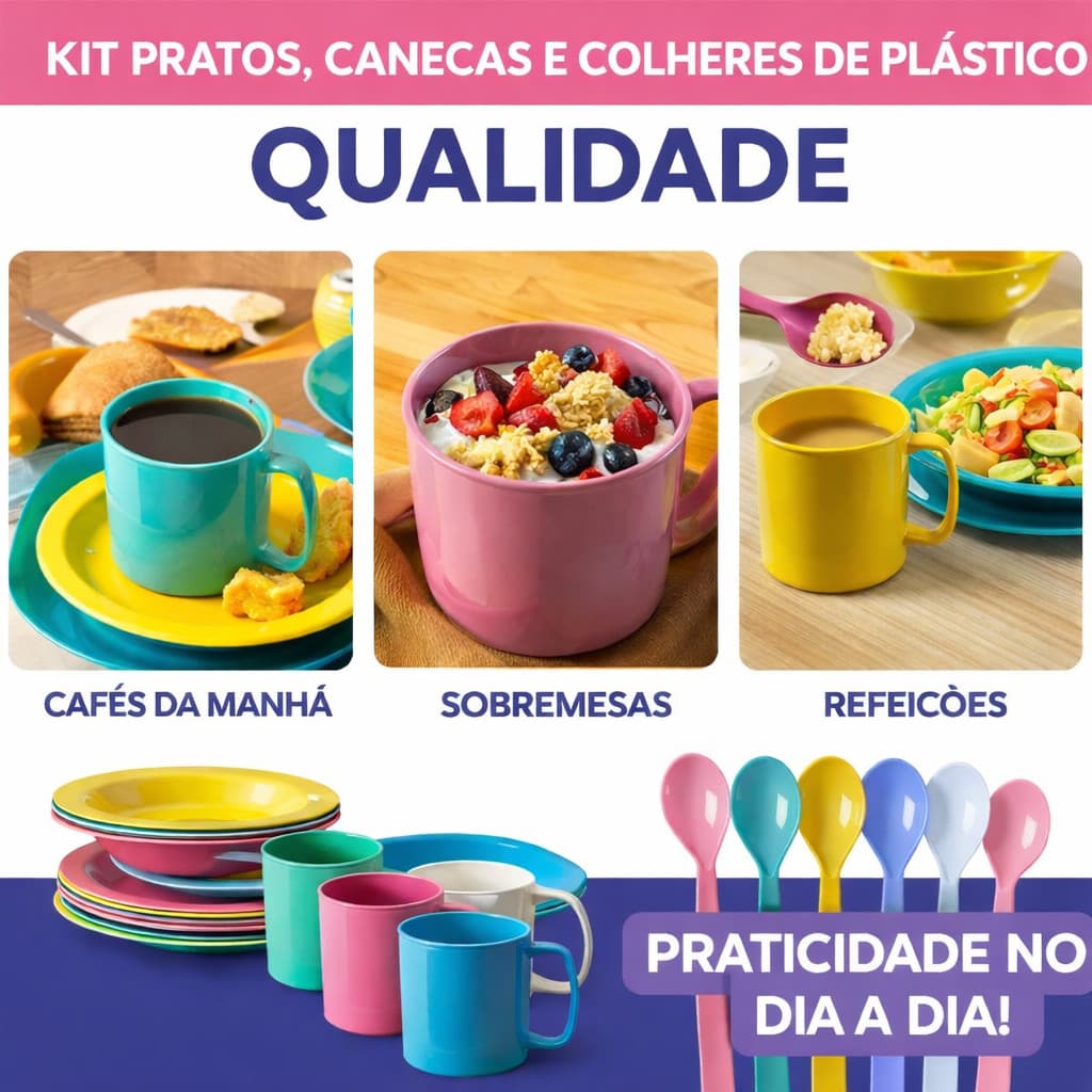 5 kits caneca prato colher de plástico resistente barato pronta entrega escola creche infantil