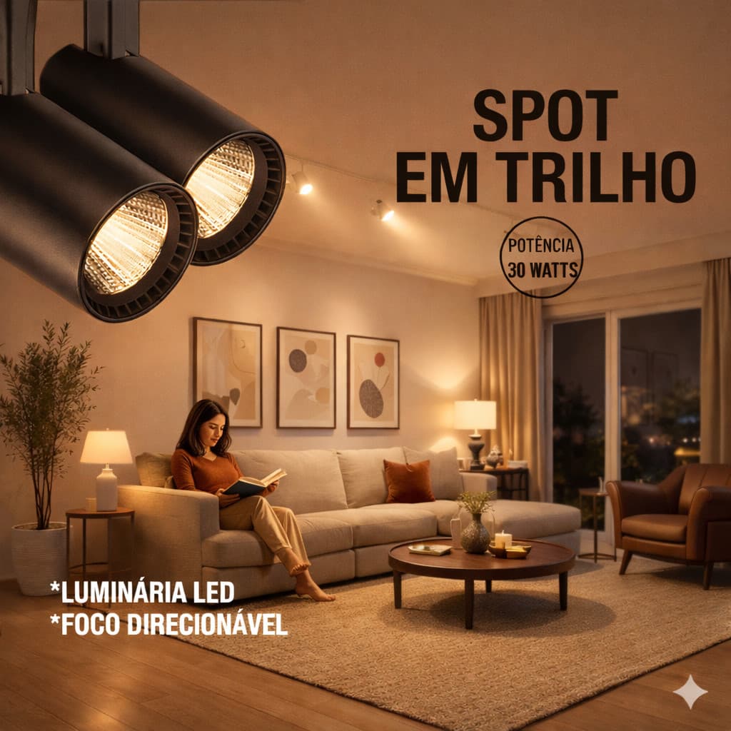 Spot LED 30W Trilho Eletrificado Preto – Iluminação Elegante Branco Quente