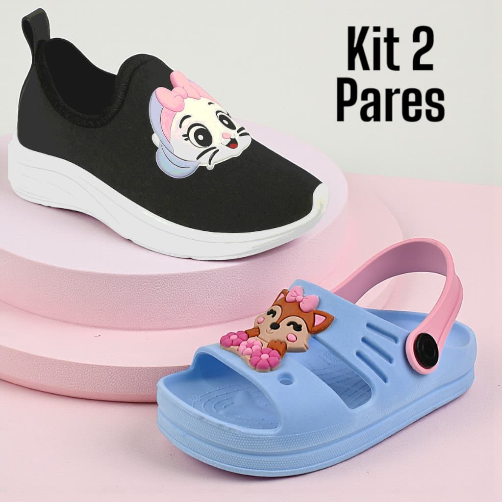 Kit 2 Pares Tênis Infantil Menina Confortável Calce Facil e Sandália Confortável Antiderrapante