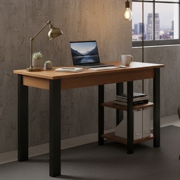 Escrivaninha Industrial 90cm para Home Office e Estudos - em Madeira com 2 Prateleiras