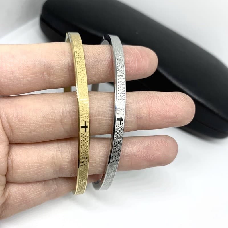 Pulseira Bracelete Masculina Pai Nosso Aço Inoxidável 316L 4mm Dourada e Prata Religiosa