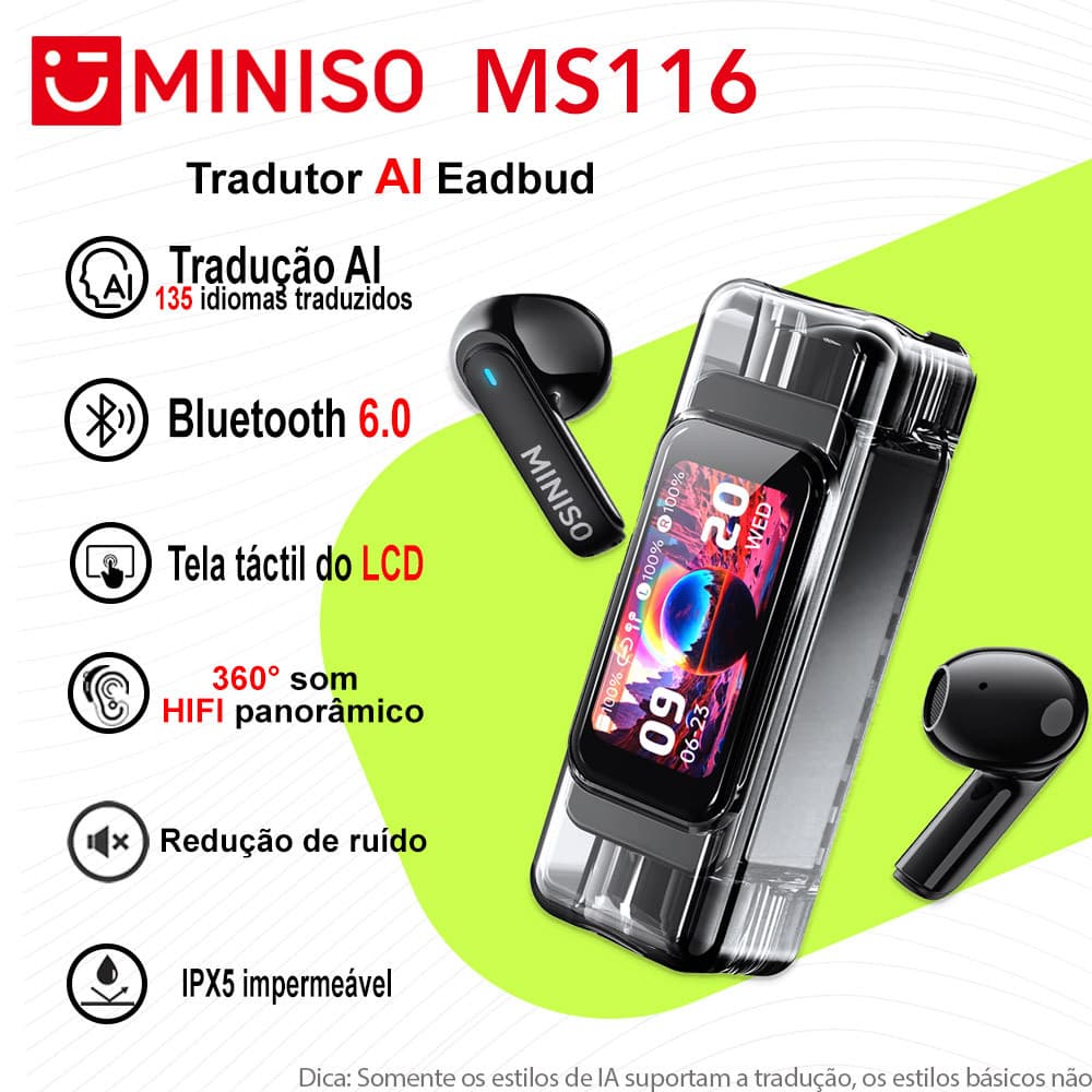 MINISO MS116 AI 135 Idiomas Tradução Em Tempo Real Fone Intra-auriculares TWS Bluetooth 6.0 Tela táctil Do LCD Microfone