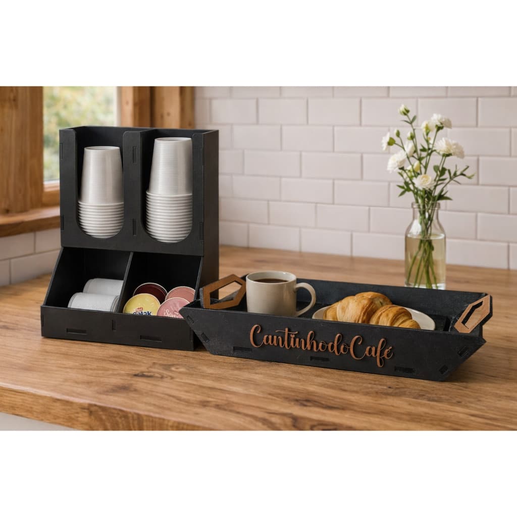 Kit Porta Copos + Bandeja Cantinho do café de MDF