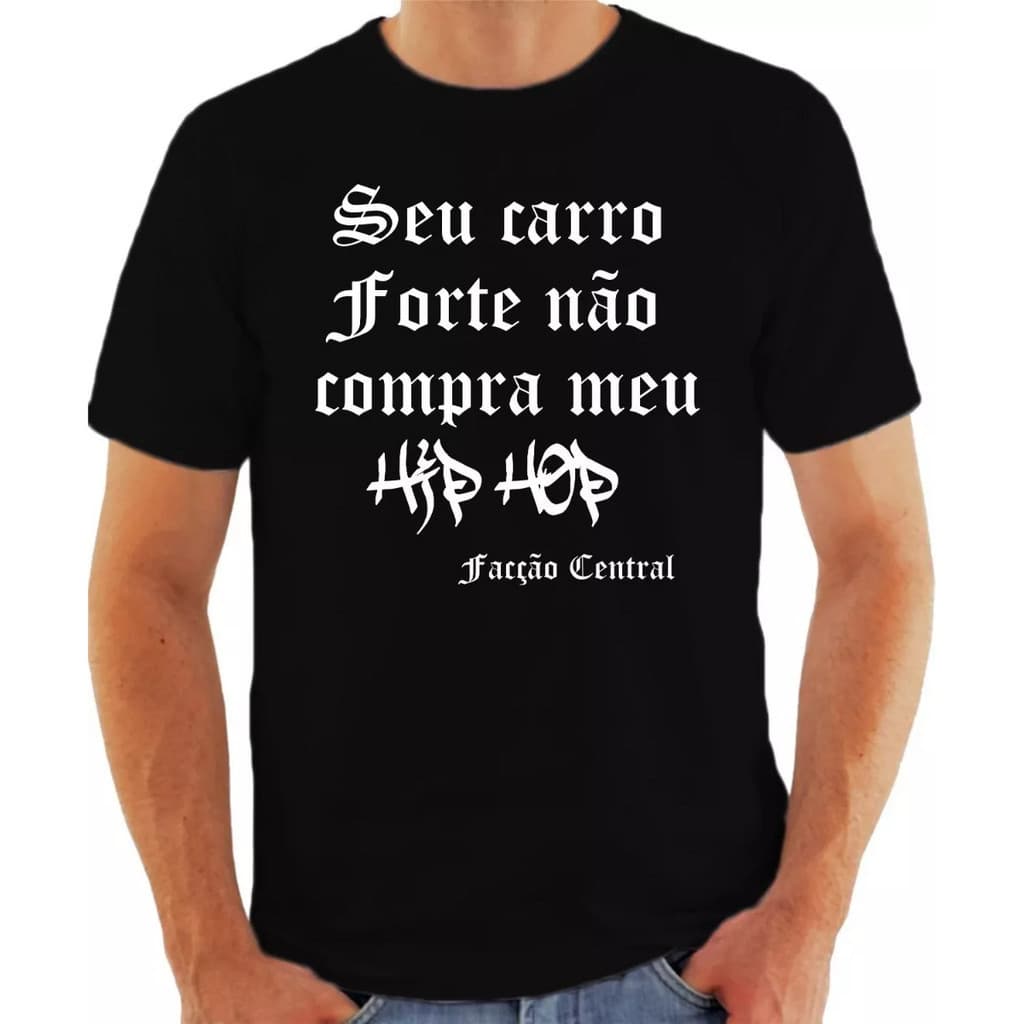 Camisa Frase de Rap Camiseta Banda Rap Nacional Facção Central preta streetwear hip hop.
