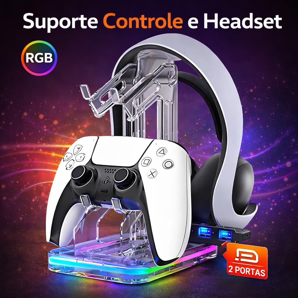 Suporte Porta RGB para Controle Headset 2 Portas USB Xbox one x / PS4 / PS5