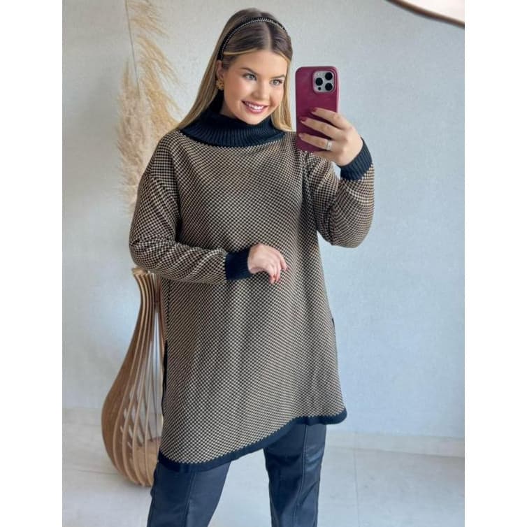 Poncho Xadrez Tricot Feminino Com Fenda Lateral Inverno Tricô Moda Quadriculado Gola Alta