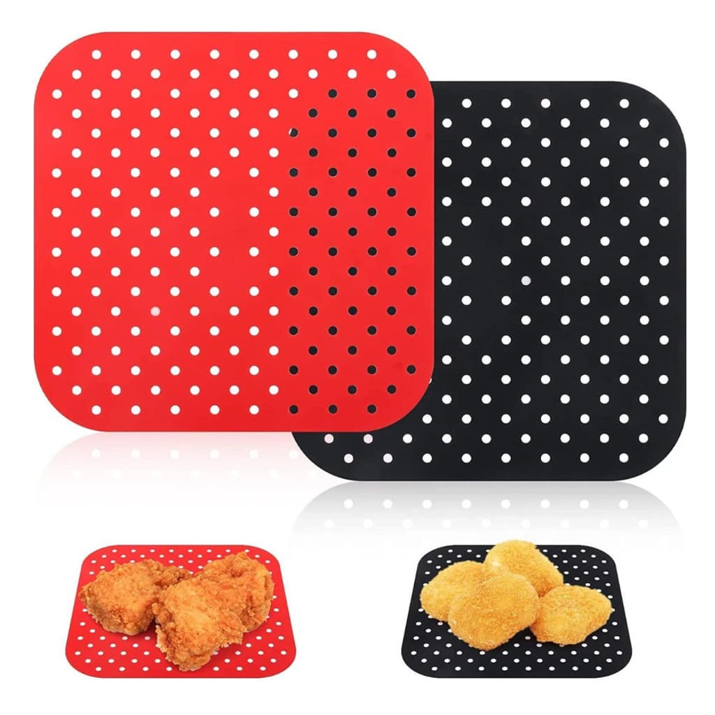Kit 2 Tapetes Silicone para Airfryer Quadrado 21cm| Antiaderente, Reutilizável, Fácil Limpeza (Preto + Vermelho)