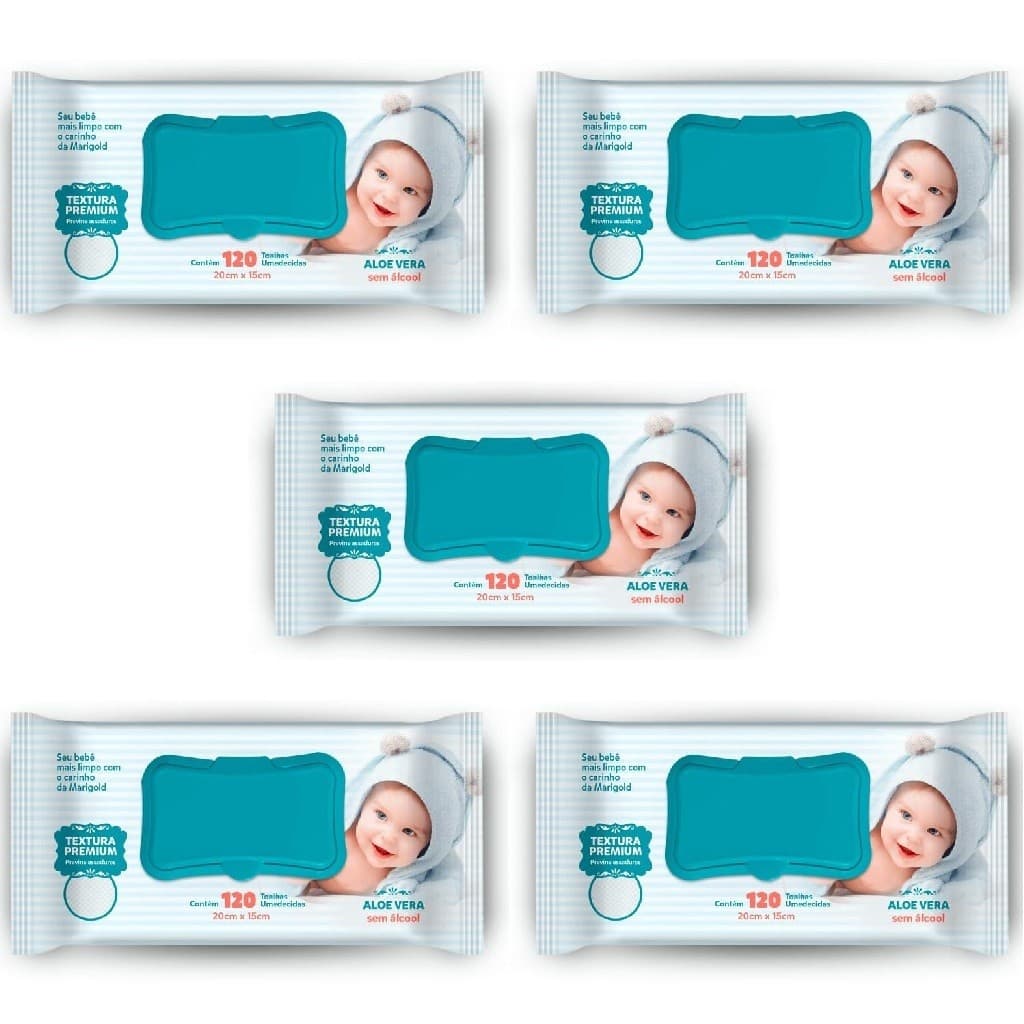 Kit Premium  com 5 Lenços Umedecidos Marigold Baby