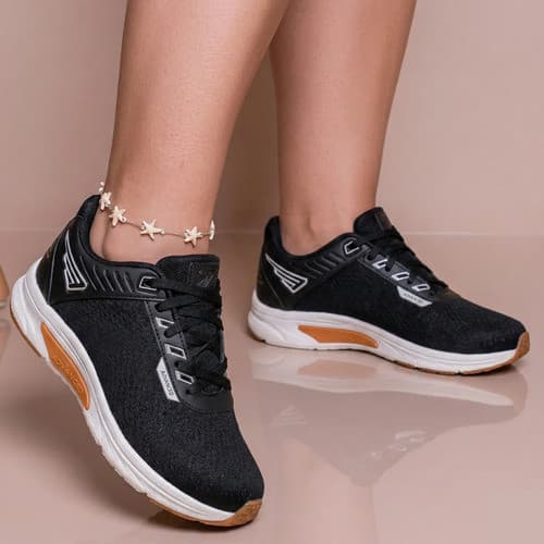 Tenis Feminino Esportivo Preto Casual Basico Conforto Leve Caminhada Academia
