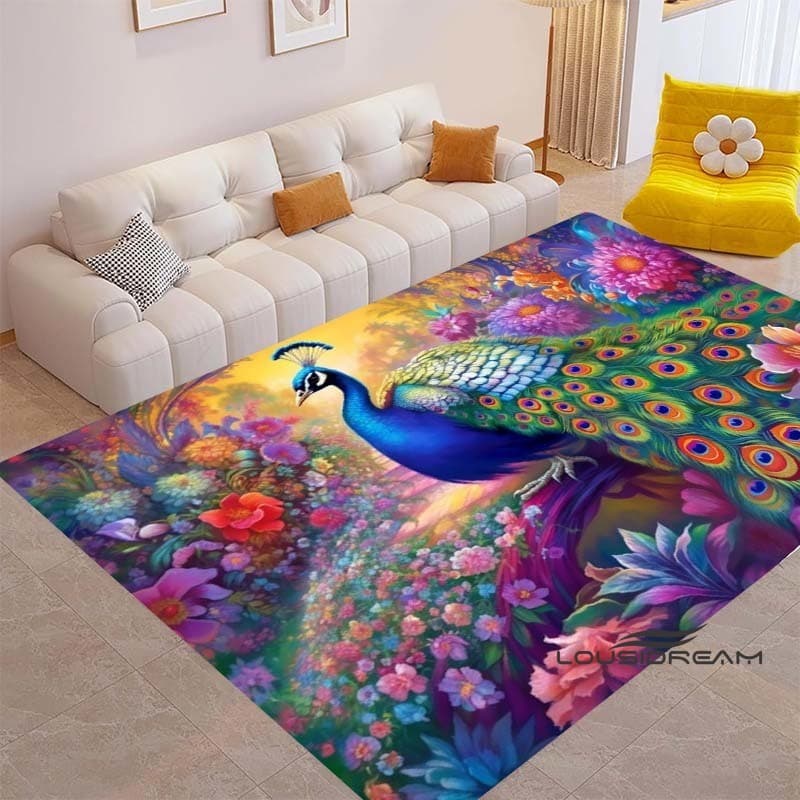 Tapete de pássaro romântico pavão colorido 3D, adequado para quarto, sala de estar, sofá, decoração de tapete de porta d