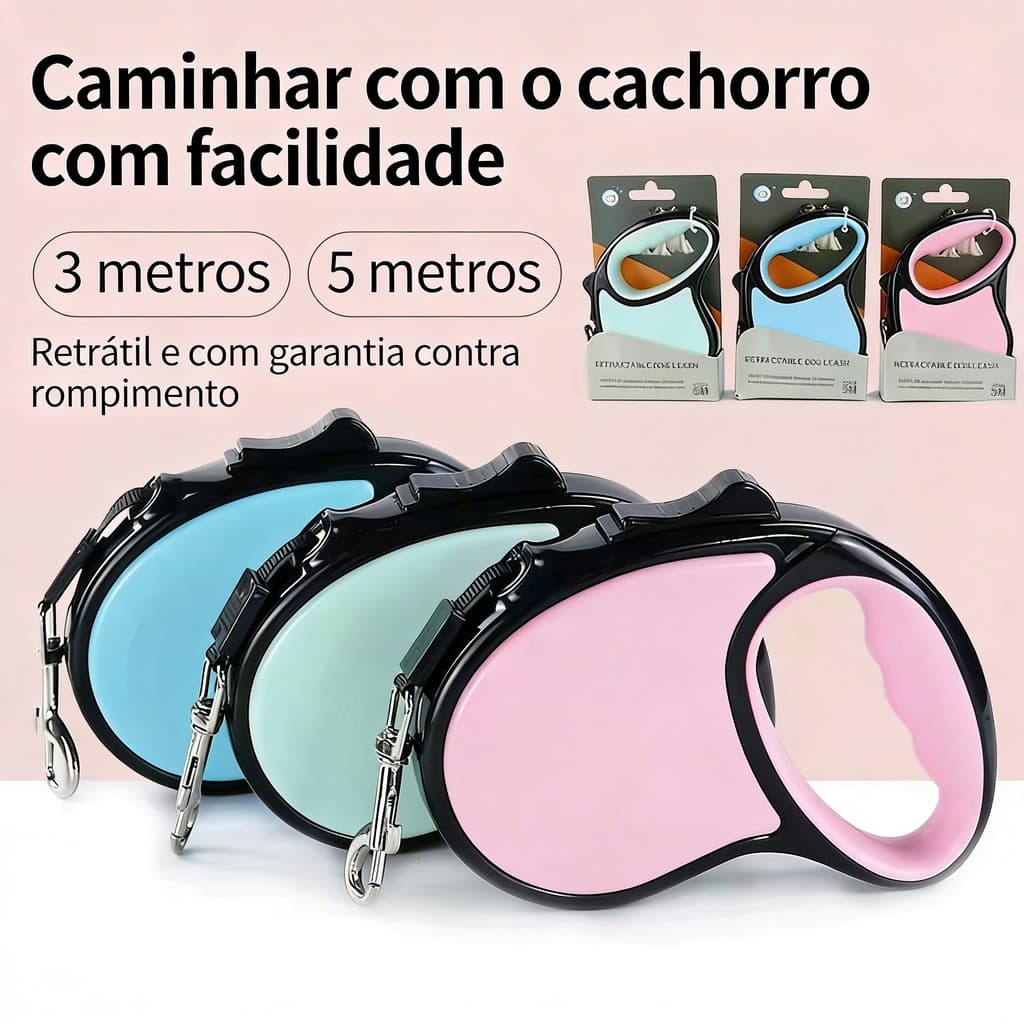 Coleira Guia Retratil Guia Premium Para Pet Cachorro Cão e Gato 5 E 3 METROS ATÉ 15 e 20KG Botão Controle Regulagem