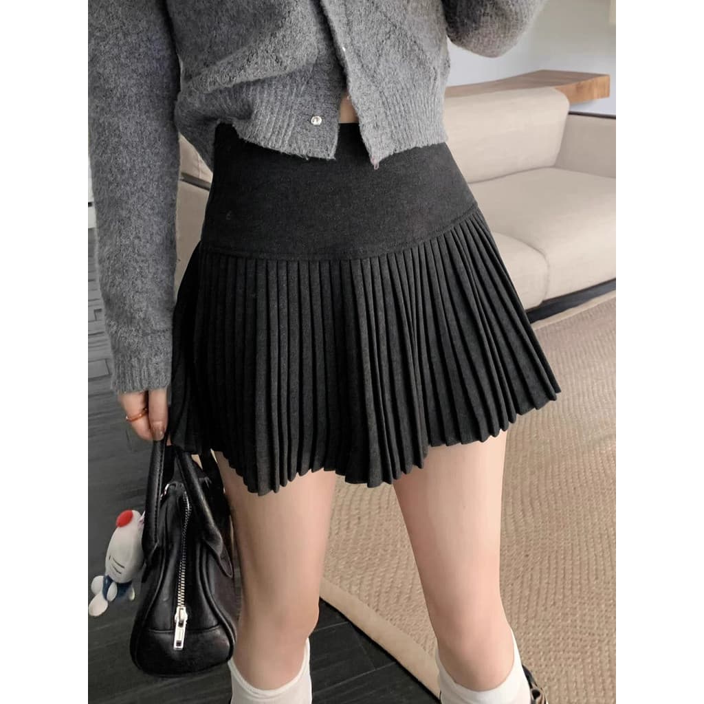 Saia plissada de lã cinza escuro saia curta feminina outono inverno novo estilo cintura alta a linha Hip-embalado saia j