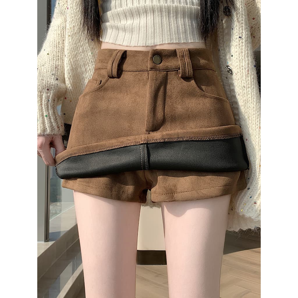 Menina quente marrom pele de veado veludo magro apertado Hip-coberto saia curta feminina outono inverno exterior usar Sh