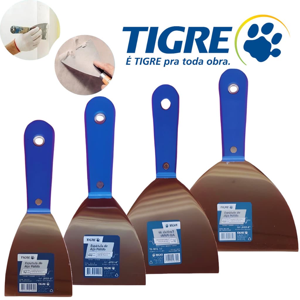 Espátula de Aço Polido Tigre Profissional Vários Tamanhos Espátula de Aço Inox Massa Corrida Gesso