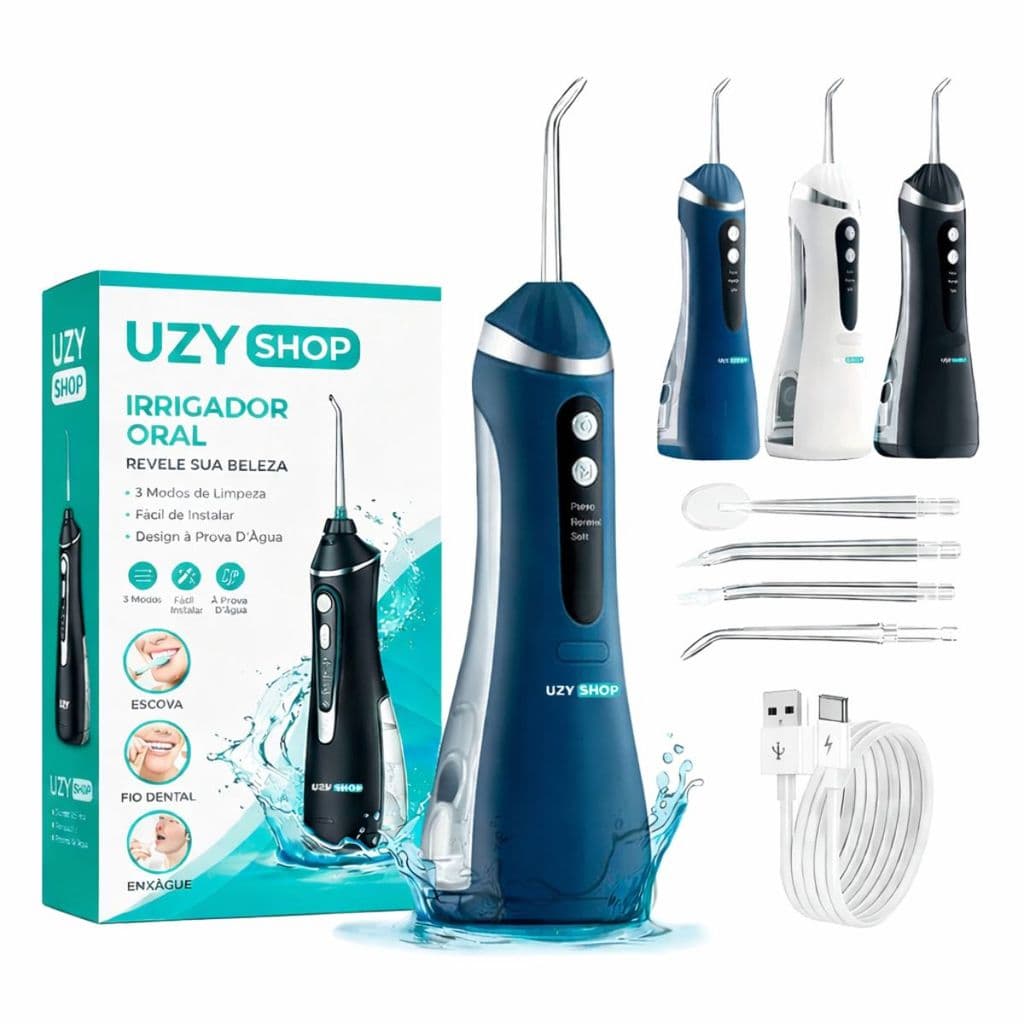 Irrigador Oral Portátil Recarregável USB 4 Bicos 3 Modos Limpeza Bucal 230ml Preto Branco Azul Rosa