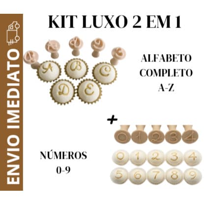 KIT LUXO 2 EM 1  -  26 Letras do Alfabeto + Números 0 - 9 Carimbo Para Brigadeiro e Docinhos Premium Gourmet Doces Festa
