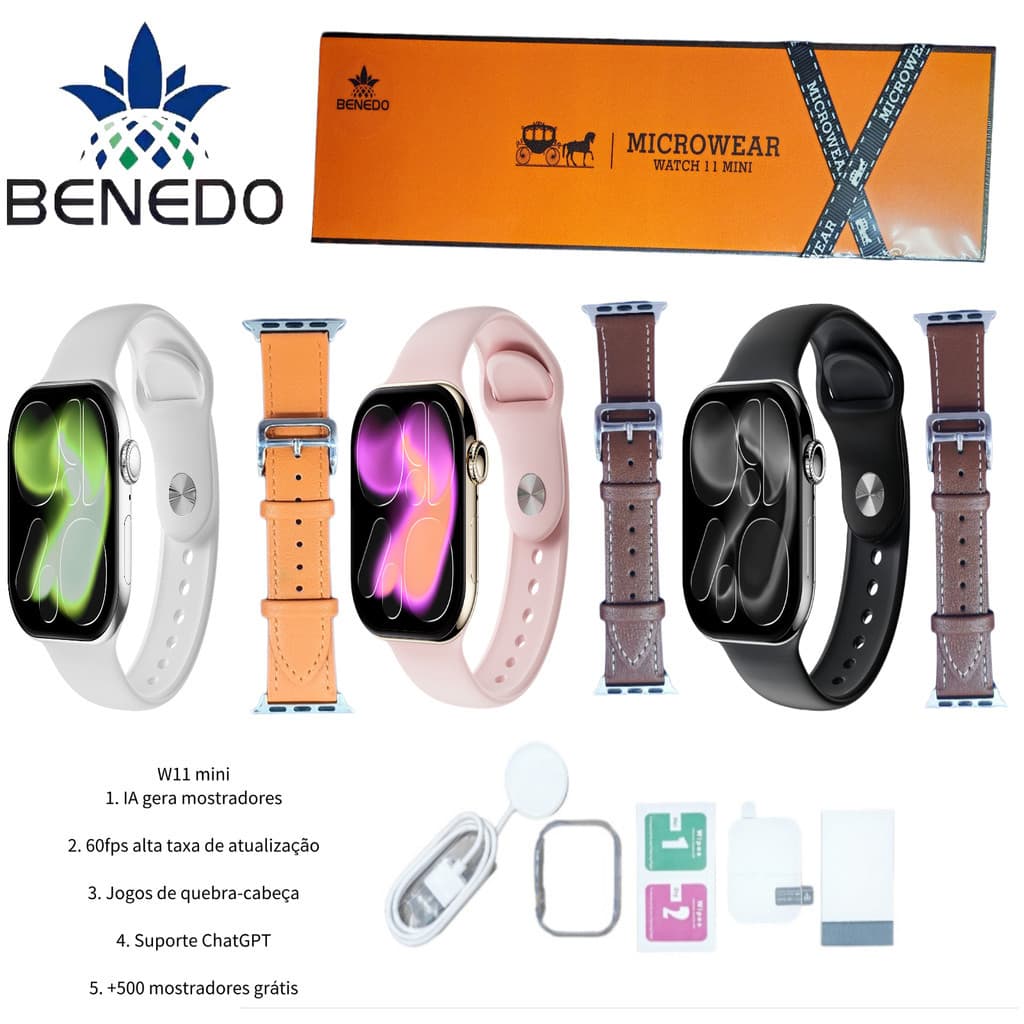 Smartwatch Microwear W11 Mini 41mm 2 Pulseiras Série 11 IP68 GPS Chat Gpt Original inteligentes