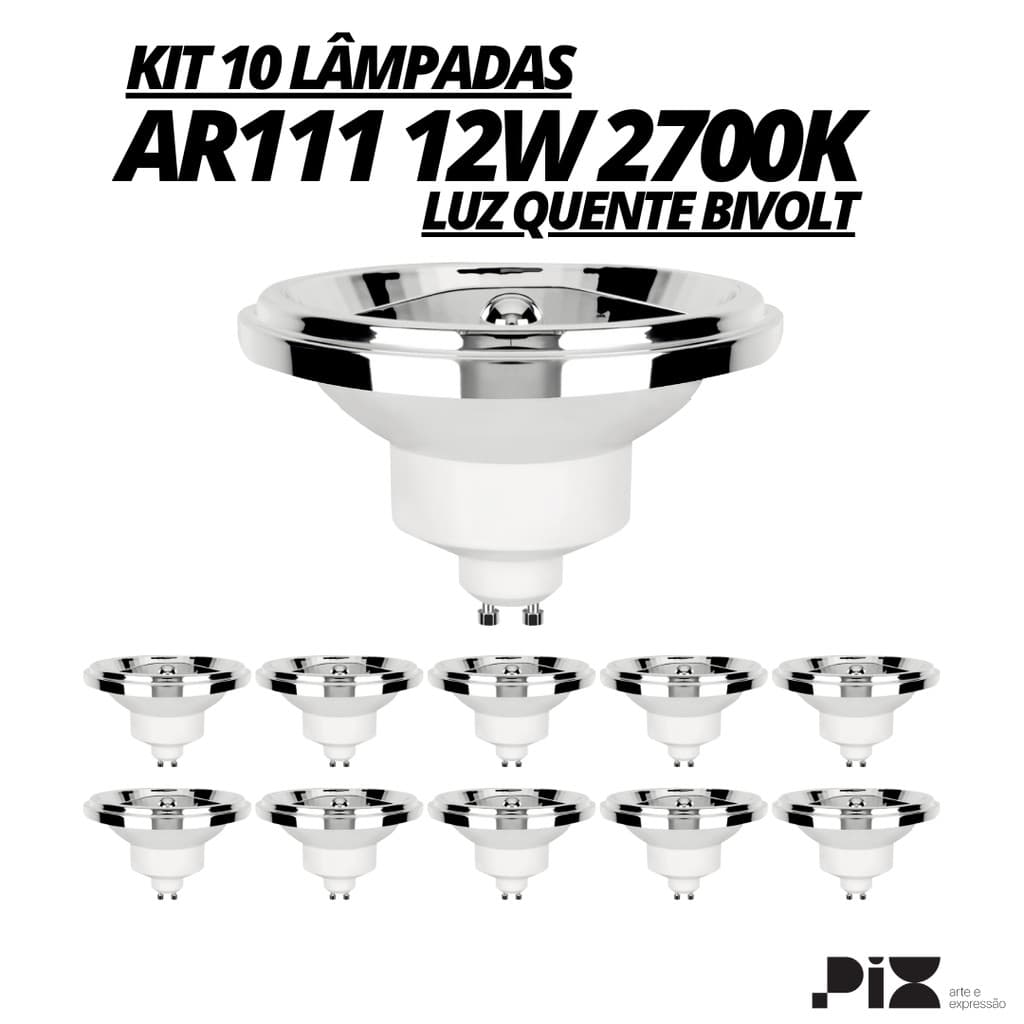 Kit 10 Lâmpada Led AR111 12W 2700K Branca Quente GU10 Pix