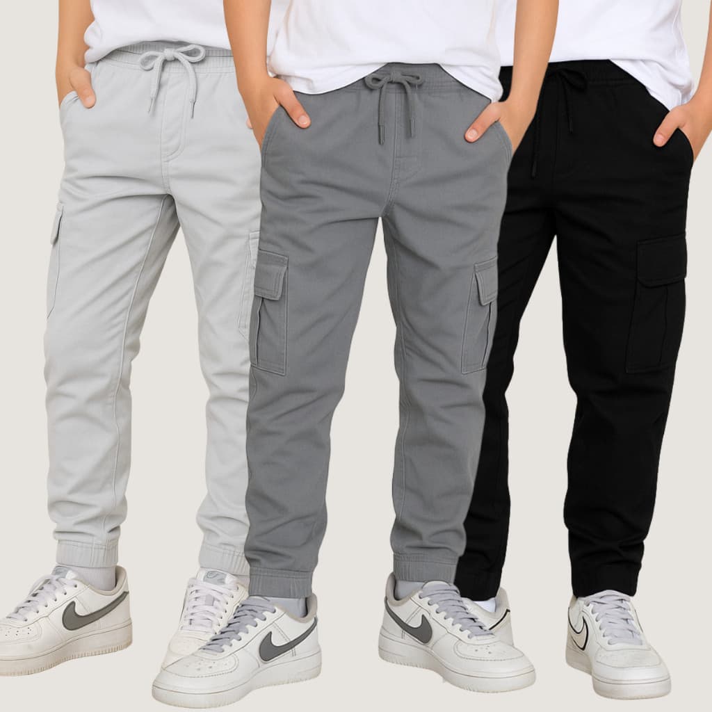 Calça Jogger Cargo Infantil Masculina Juvenil Sarja Jeans Confortável Escolar Casual Bolsos Funcionais 10 ao 16