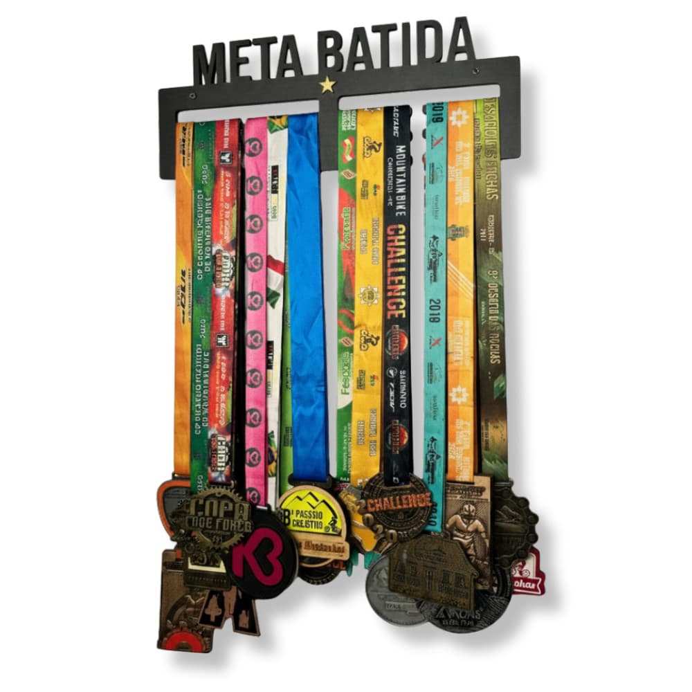 Quadro Porta Medalhas Grande para 36 Medalhas - Expositor Minhas Conquistas MDF Preto Detalhe Dourado