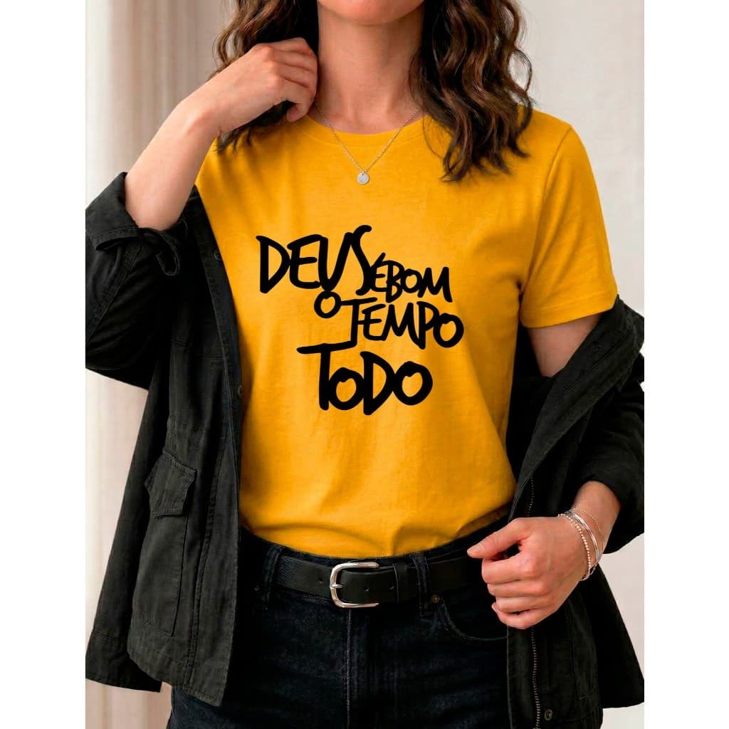 Camiseta Feminina Algodão Deus é Bom o Tempo Todo Estampada Confortável