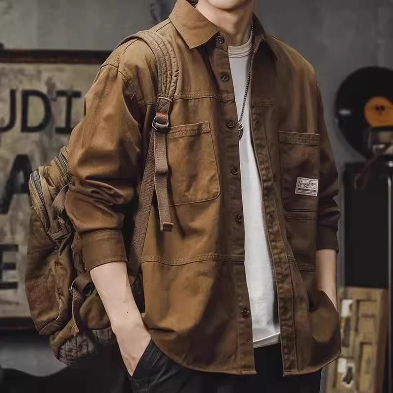 Americano Retro solto Casual camisa de manga comprida masculina primavera outono trabalho ao ar livre resistente ao desg