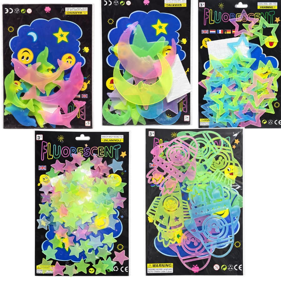 Kit Estrelas, Lua, Foguete e Golfinhos Fluorescentes Brilha no Escuro para Teto e Parede – 1 Cartela Sortida