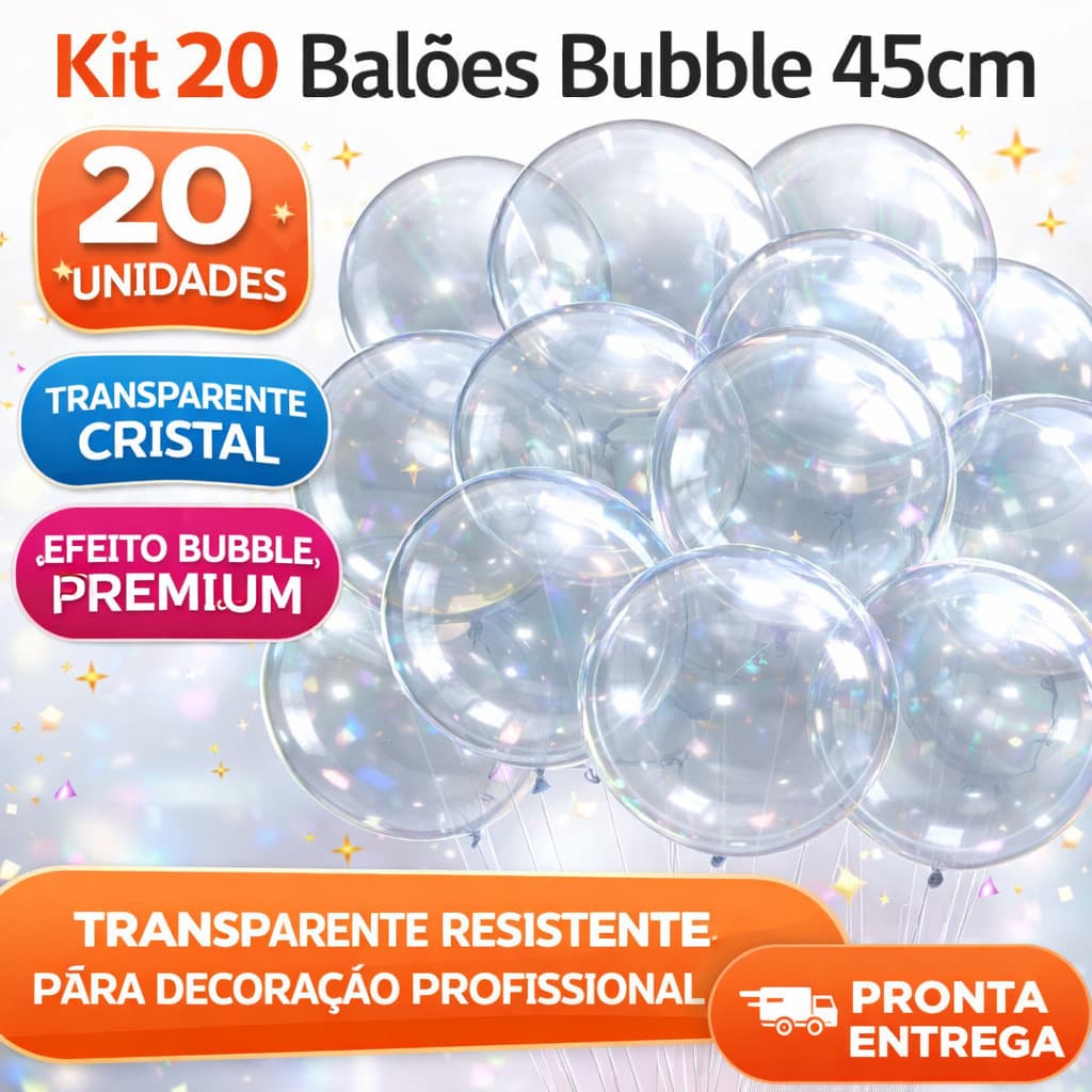Kit 20 Balões Bubble 45cm Transparente Cristal Bobo Balloon Decoração Festa Premium