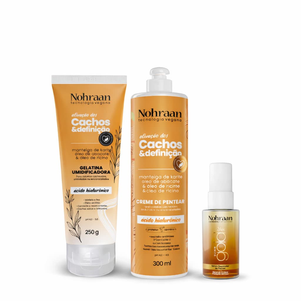 Kit Linha Cachos Karité – Gelatina + Creme de Pentear + Elixir 24K | Nohraan