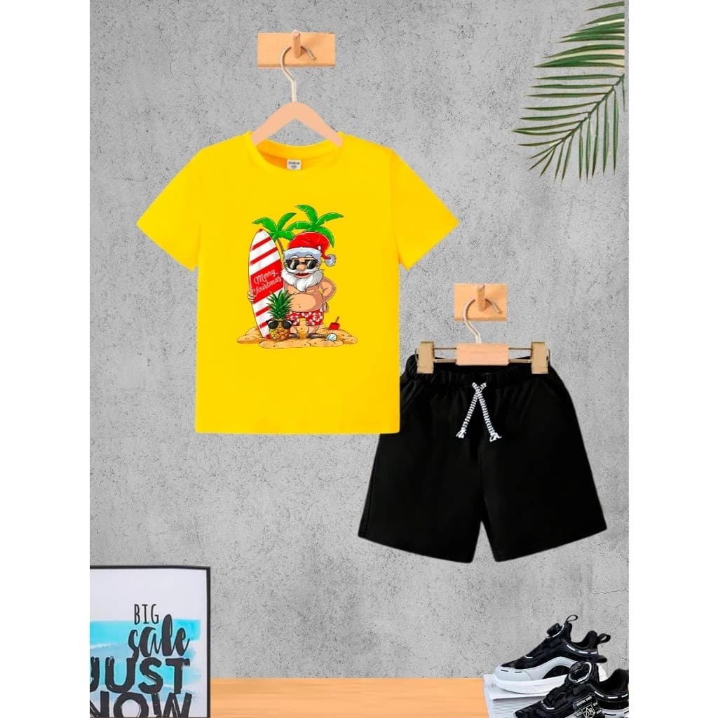 Camiseta + Short Conjunto Infantil Papai Noel Surfista Conjunto De Bermuda Juvenil Conjunto De Bermuda Juvenil