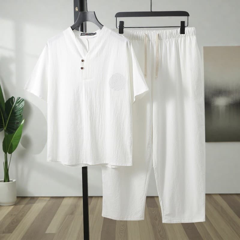 Verão terno de linho fino pijamas masculinos algodão linho camiseta de manga curta calças de 9 pontos Casual solto mascu