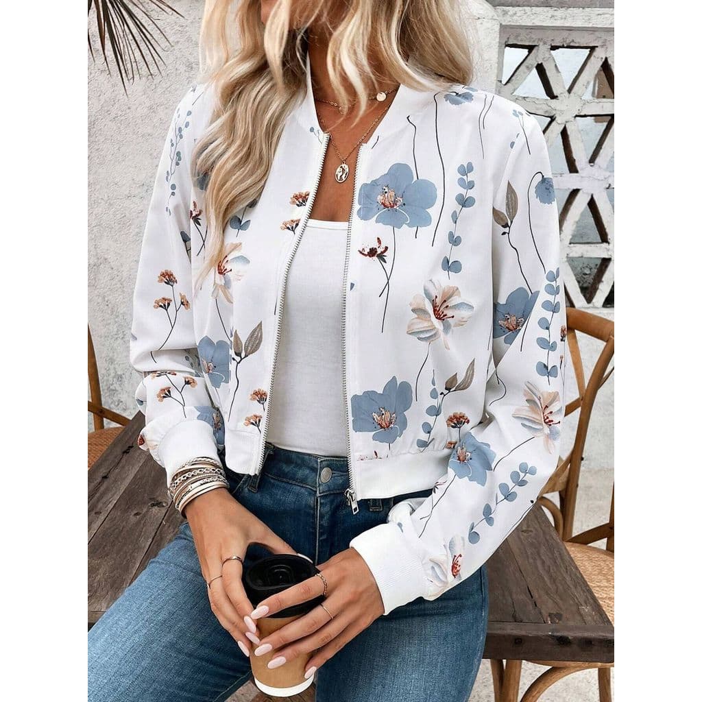 Jaqueta Casual Curta de Manga Longa com Estampa Floral e Zíper para Mulheres Elegantes, Outono/Inverno 2026