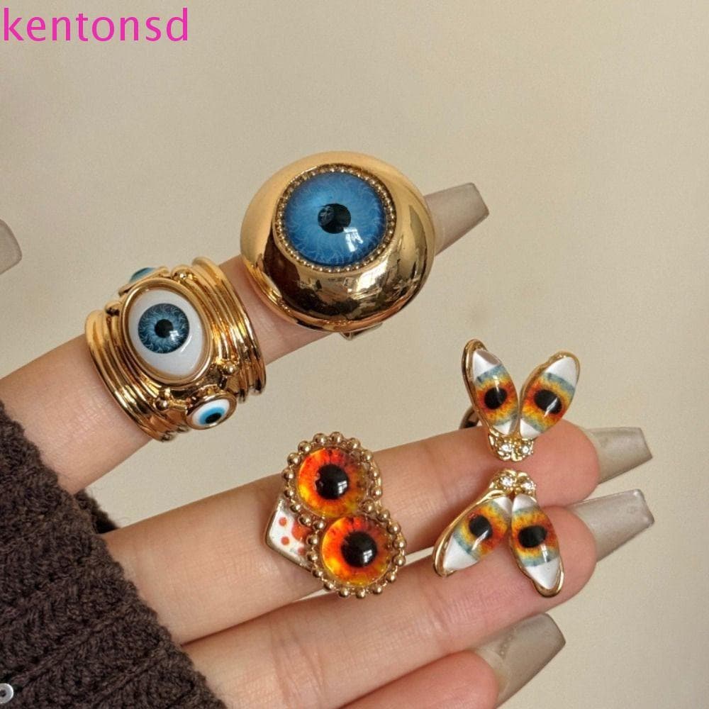 Anel Exagerado Kentondx , Largo De Olho De Demônio Com Olhos Azuis , Abertura Geométrica Animal , Casal De Ouro Vintage