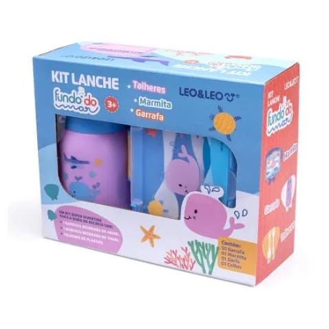 KIT LANCHE FUNDO DO MAR GARRAFA PLASTICA 500ML + MARMITA 700ML - CAIXA C/ 1 KIT LEOELEO