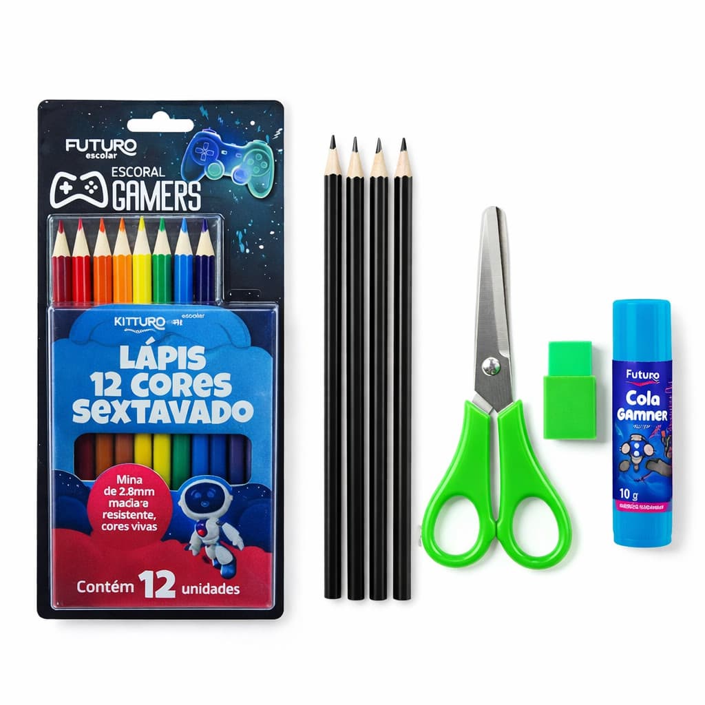 Kit Escolar 20 itens com Lápis Colorido e Tesoura sem Ponta
