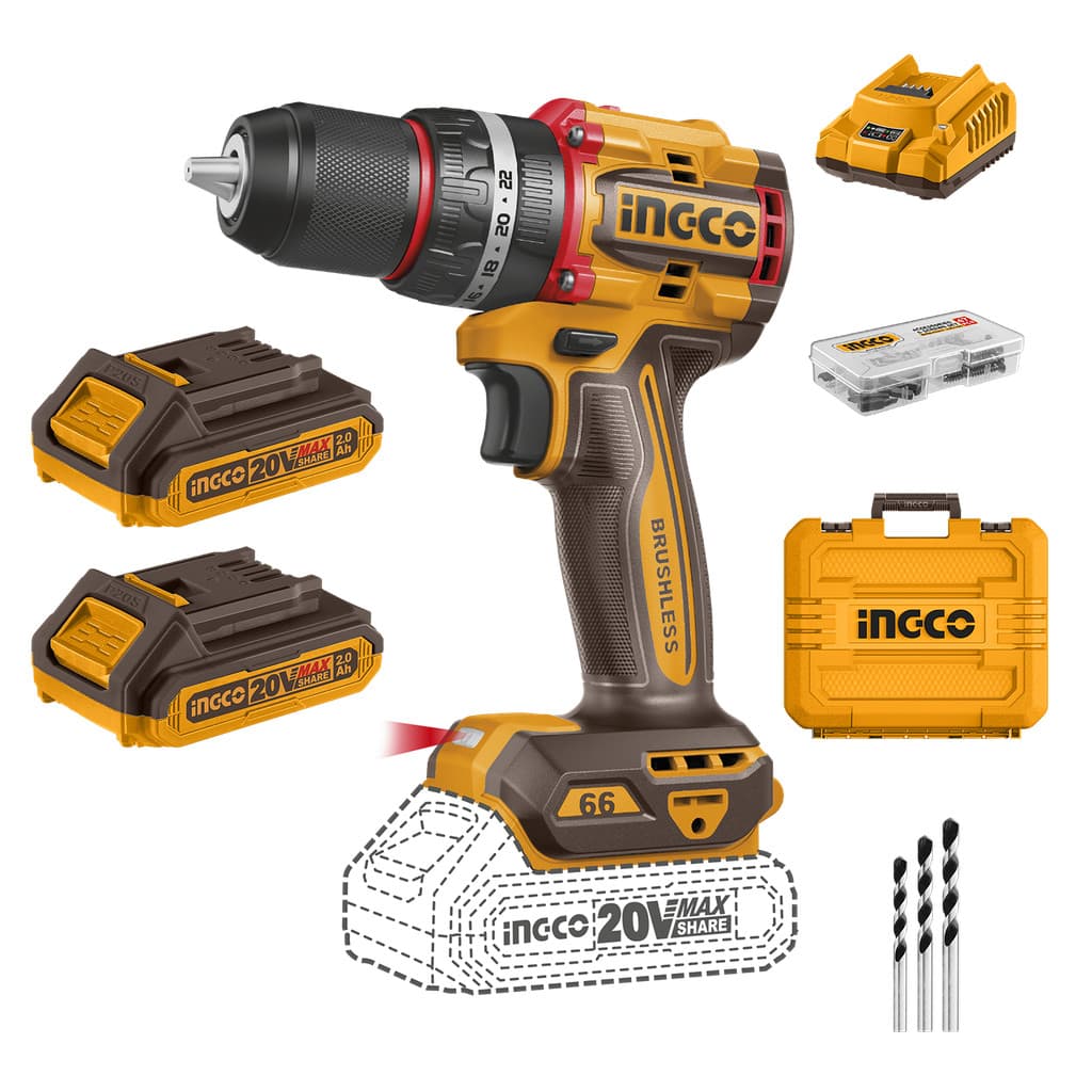 Parafusadeira Furadeira 1/2 13mm INGCO 20V Brushless 66Nm Impacto Maleta 2 Baterias CIDLI20668-9