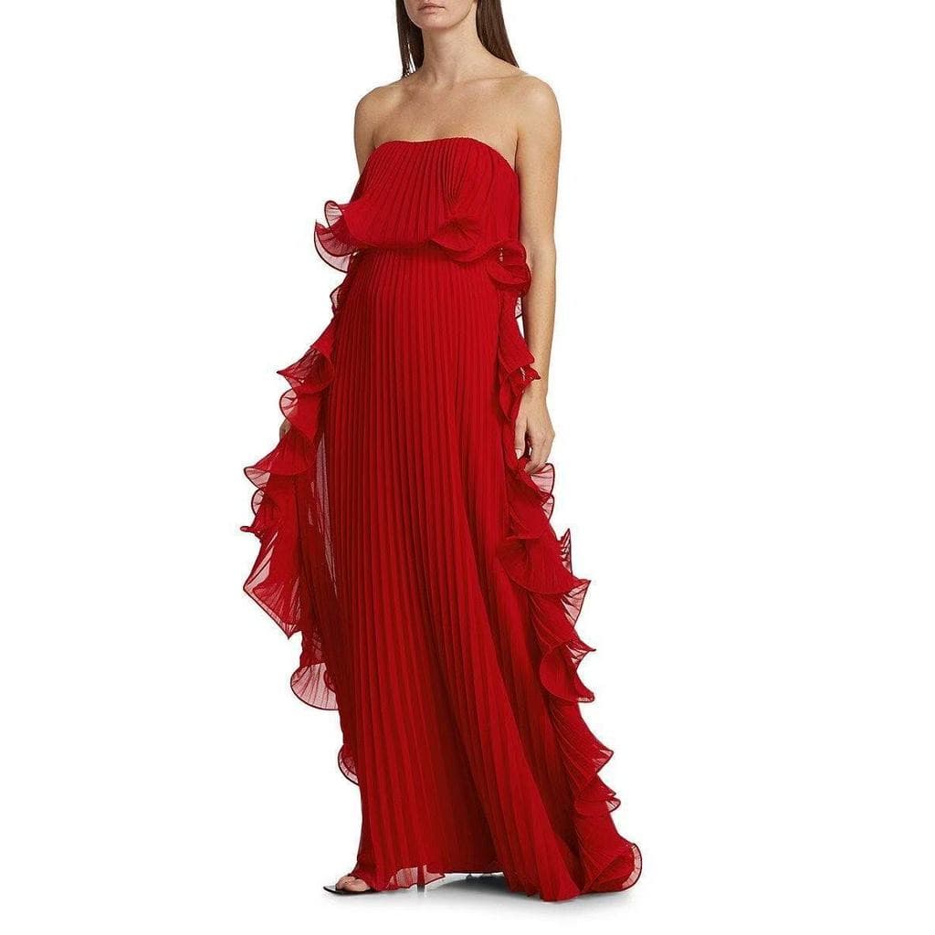 vestido longo Feminino De Verão Com Busto Plissado E Saia Grande Larga , Gola Babados , Plissada Solta