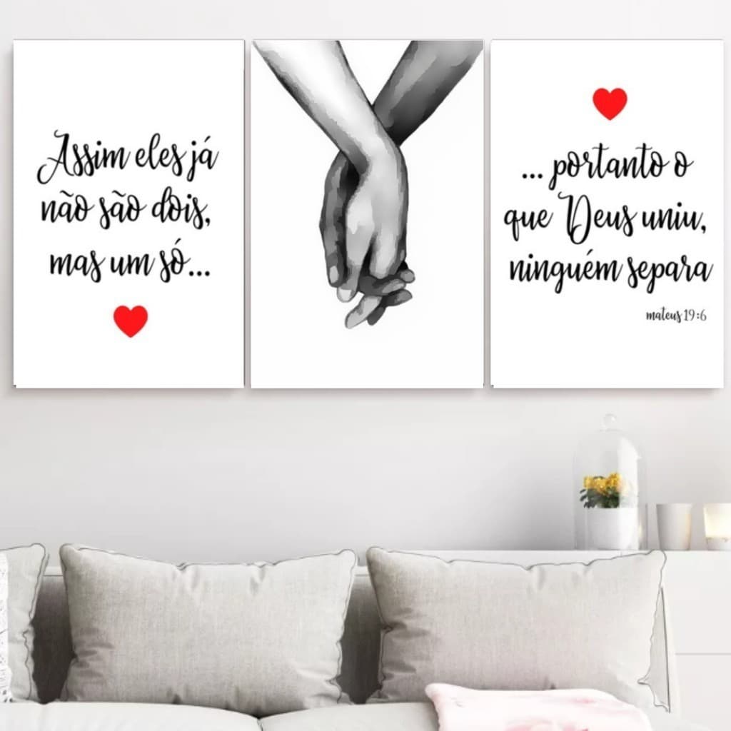 Quadro Decorativo Casal Mãos Dadas Amor 3 Peças Romântico Quarto